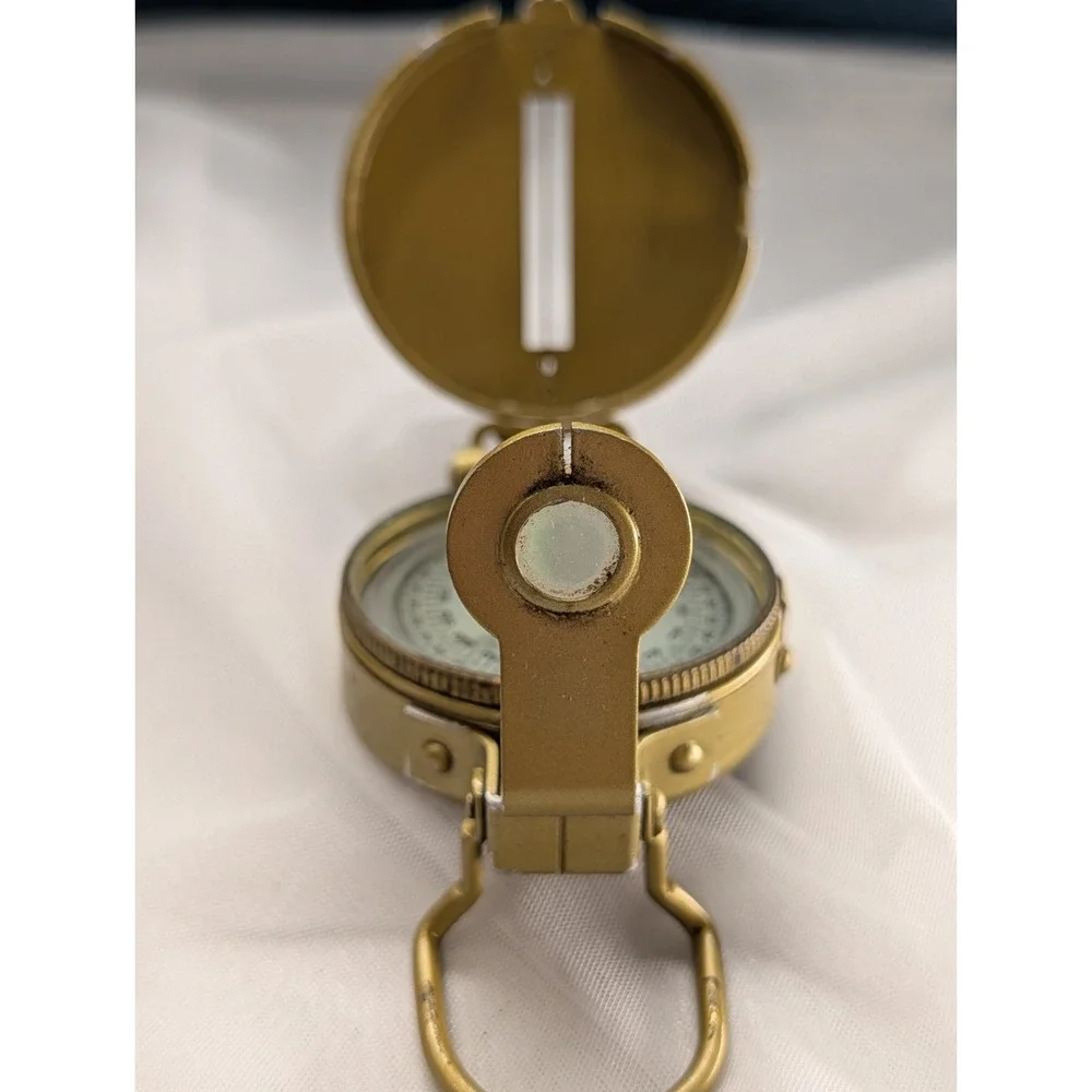 Gold Brass Style Lensatic Pocket Compass Japan Mid Century Hiking Gear Vintage